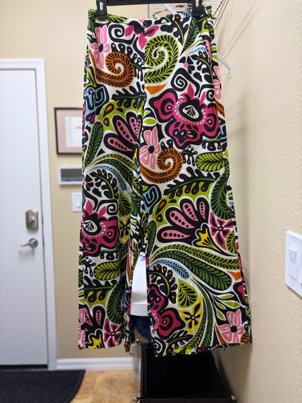 Trina Turk Black, White, Pink & Lime Green Floral Print  wide leg pants
